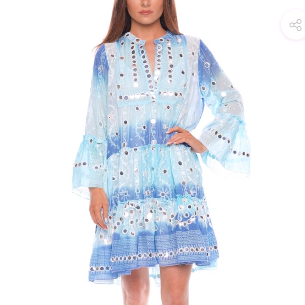 NWOT blue Juliet Dunn relaxed mini dress with mirror accents: stunning & stylish